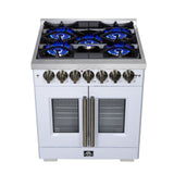 Forno Capriasca Freestanding French Door Dual Fuel Range with Antique Brass Accessories, True Convection Oven