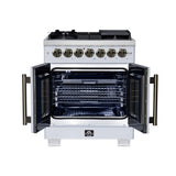 Forno Capriasca Freestanding French Door Dual Fuel Range with Antique Brass Accessories, True Convection Oven