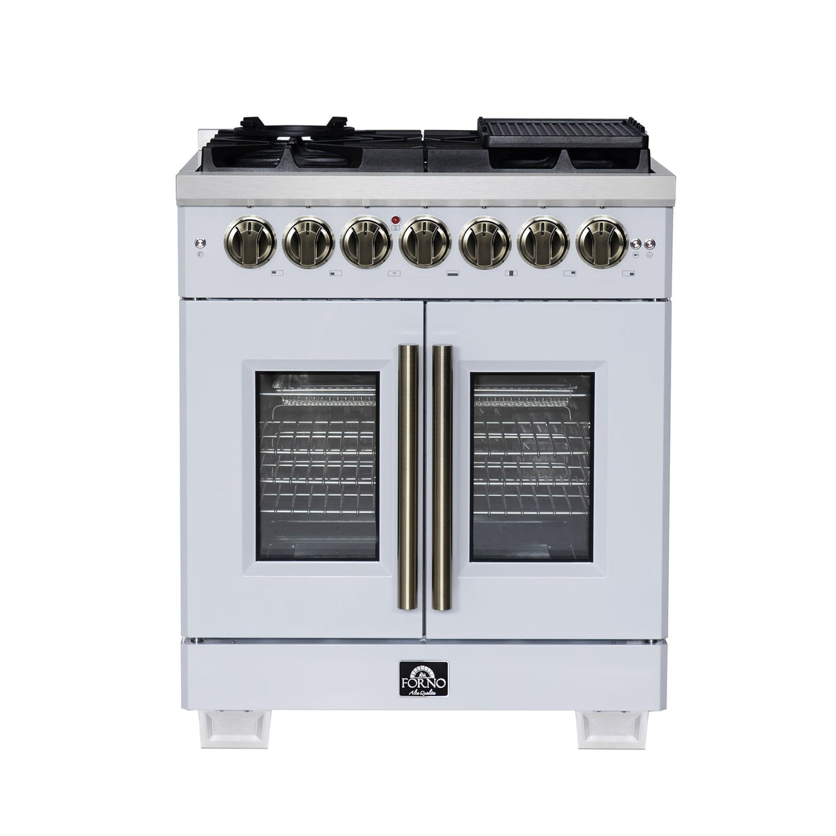 Forno Capriasca Freestanding French Door Dual Fuel Range with Antique Brass Accessories, True Convection Oven