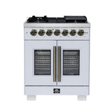 Forno Capriasca Freestanding French Door Dual Fuel Range with Antique Brass Accessories, True Convection Oven