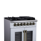 Forno Capriasca Freestanding French Door Dual Fuel Range with Antique Brass Accessories, True Convection Oven