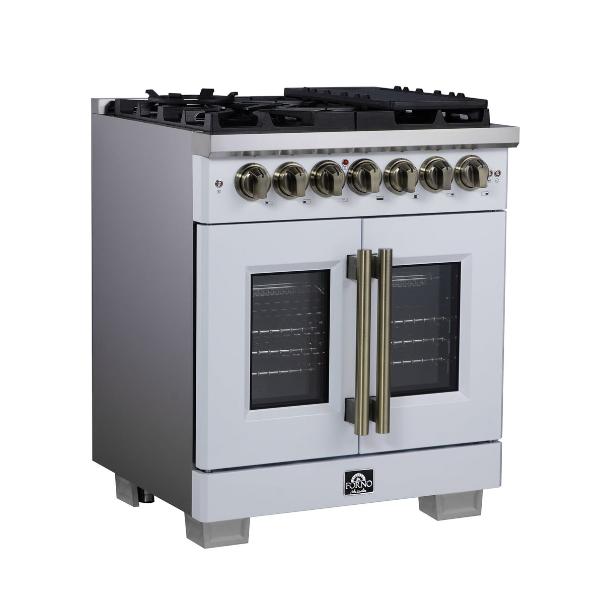 Forno Capriasca Freestanding French Door Dual Fuel Range with Antique Brass Accessories, True Convection Oven