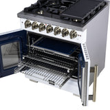 Forno Capriasca Freestanding French Door Dual Fuel Range with Antique Brass Accessories, True Convection Oven