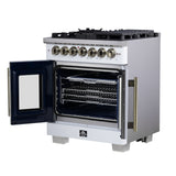 Forno Capriasca Freestanding French Door Dual Fuel Range with Antique Brass Accessories, True Convection Oven