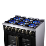 Forno Capriasca Freestanding French Door Dual Fuel Range with Antique Brass Accessories, True Convection Oven