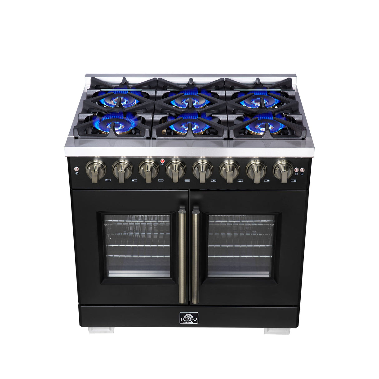 Forno Capriasca Freestanding French Door Dual Fuel Range with Antique Brass Accessories, True Convection Oven