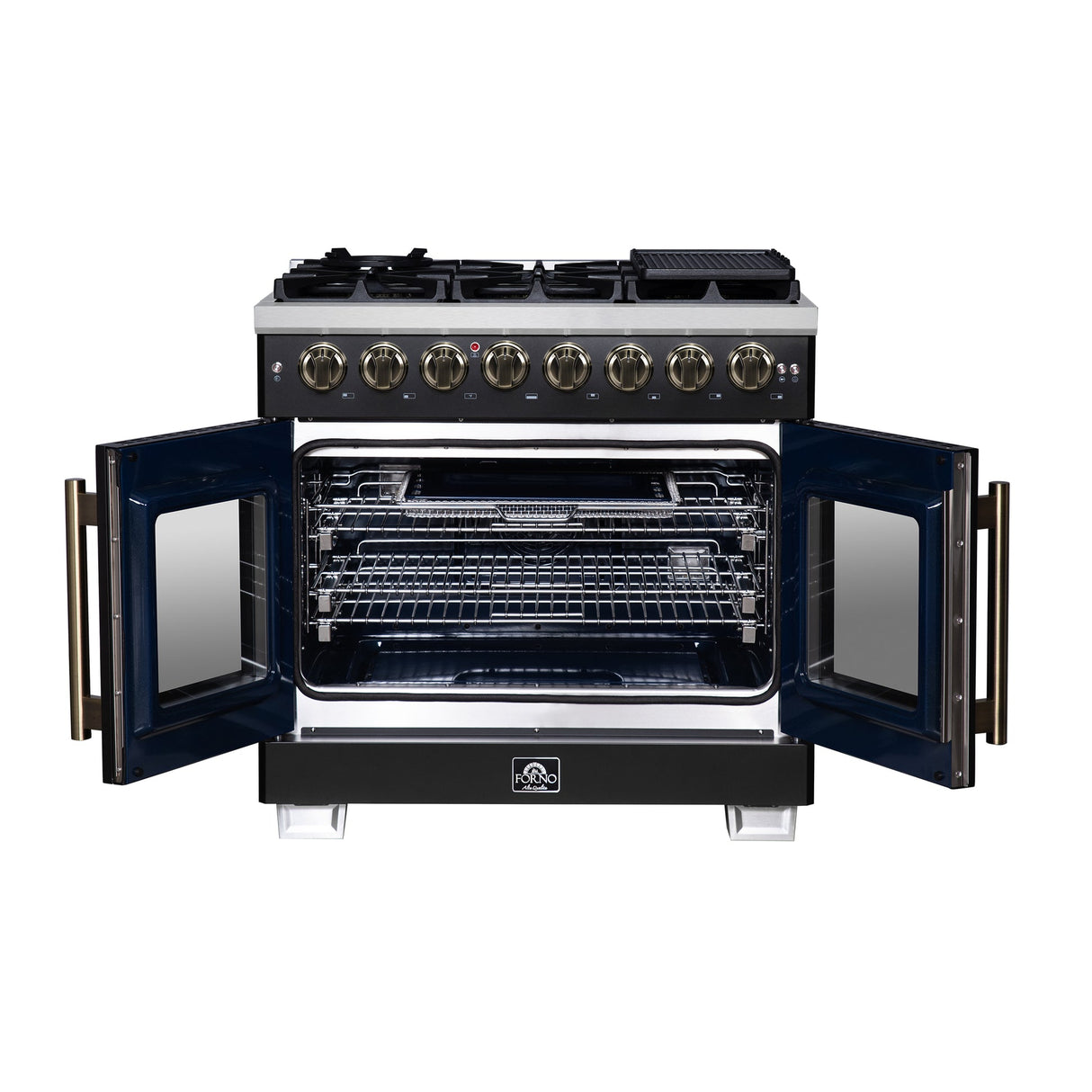 Forno Capriasca Freestanding French Door Dual Fuel Range with Antique Brass Accessories, True Convection Oven