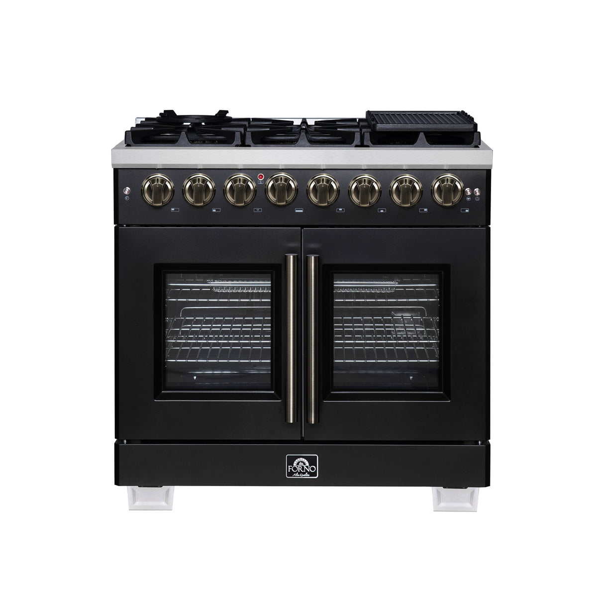 Forno Capriasca Freestanding French Door Dual Fuel Range with Antique Brass Accessories, True Convection Oven