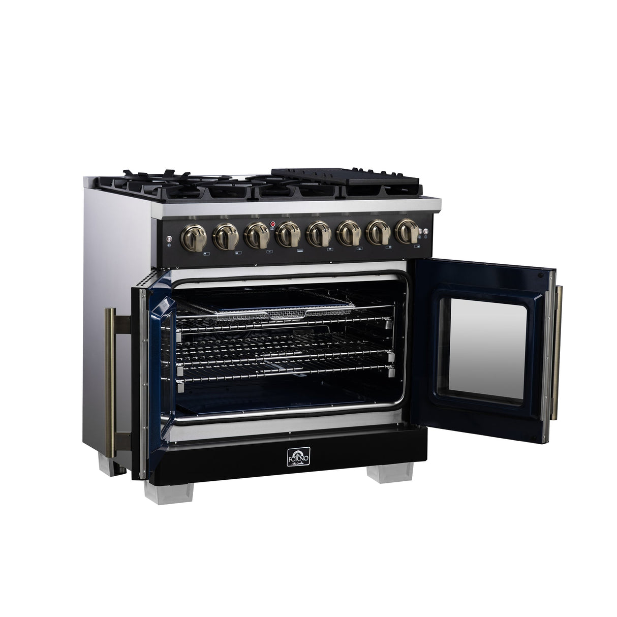 Forno Capriasca Freestanding French Door Dual Fuel Range with Antique Brass Accessories, True Convection Oven