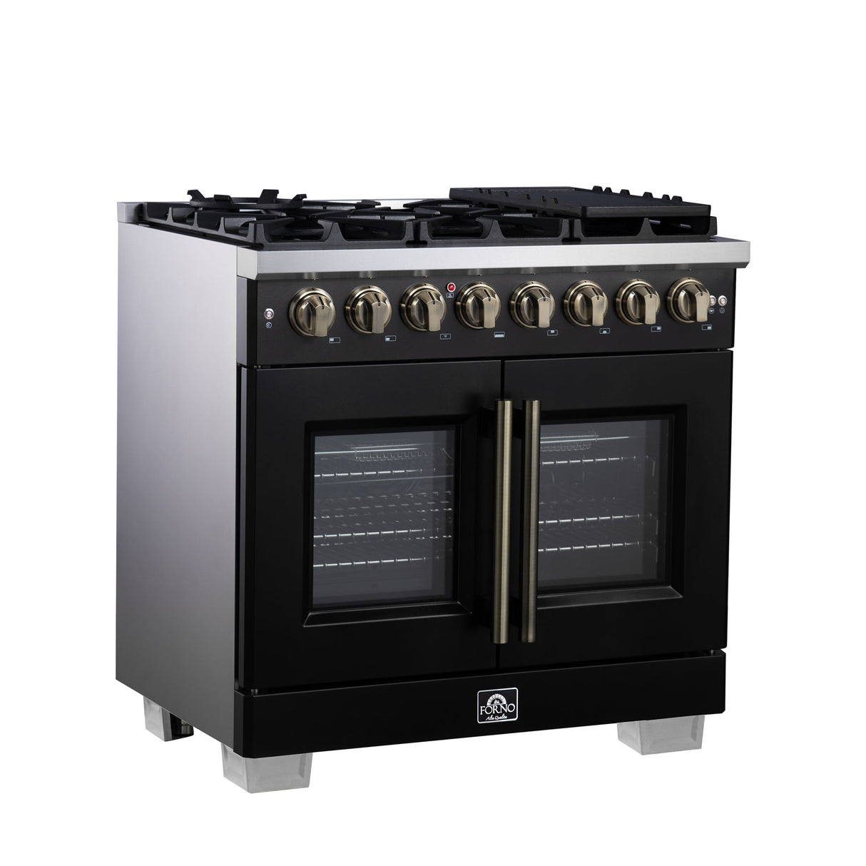 Forno Capriasca Freestanding French Door Dual Fuel Range with Antique Brass Accessories, True Convection Oven