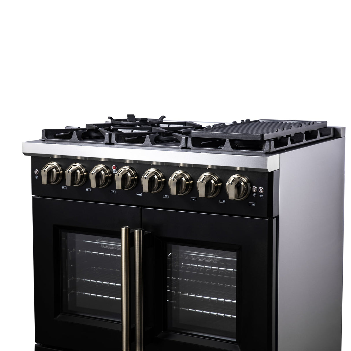 Forno Capriasca Freestanding French Door Dual Fuel Range with Antique Brass Accessories, True Convection Oven