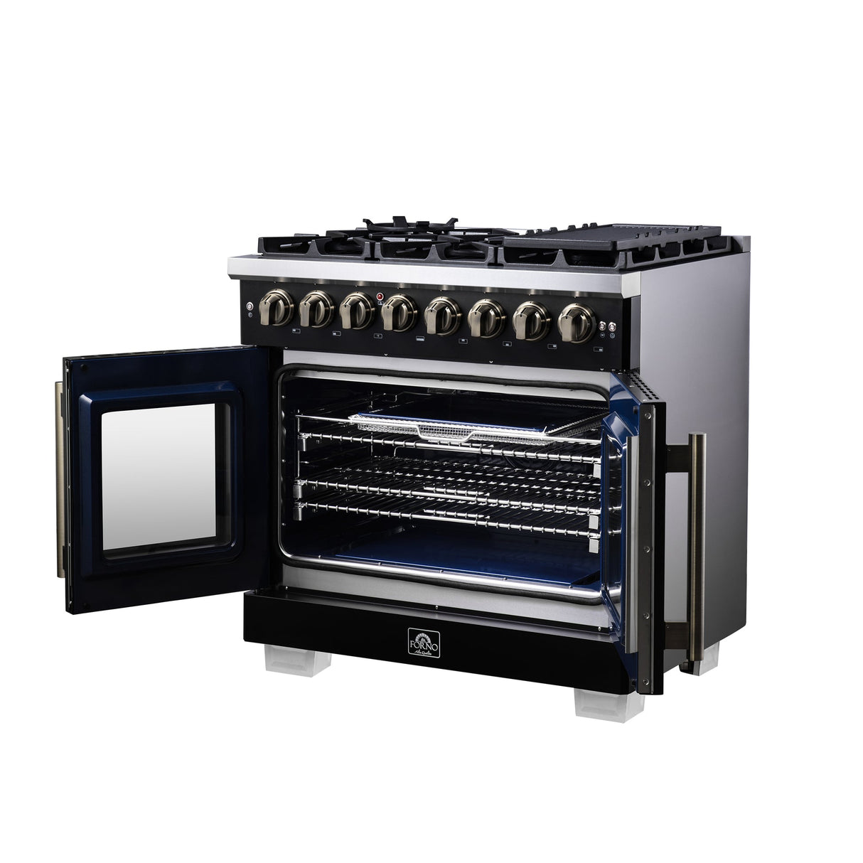 Forno Capriasca Freestanding French Door Dual Fuel Range with Antique Brass Accessories, True Convection Oven