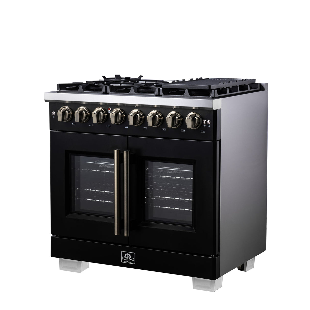 Forno Capriasca Freestanding French Door Dual Fuel Range with Antique Brass Accessories, True Convection Oven