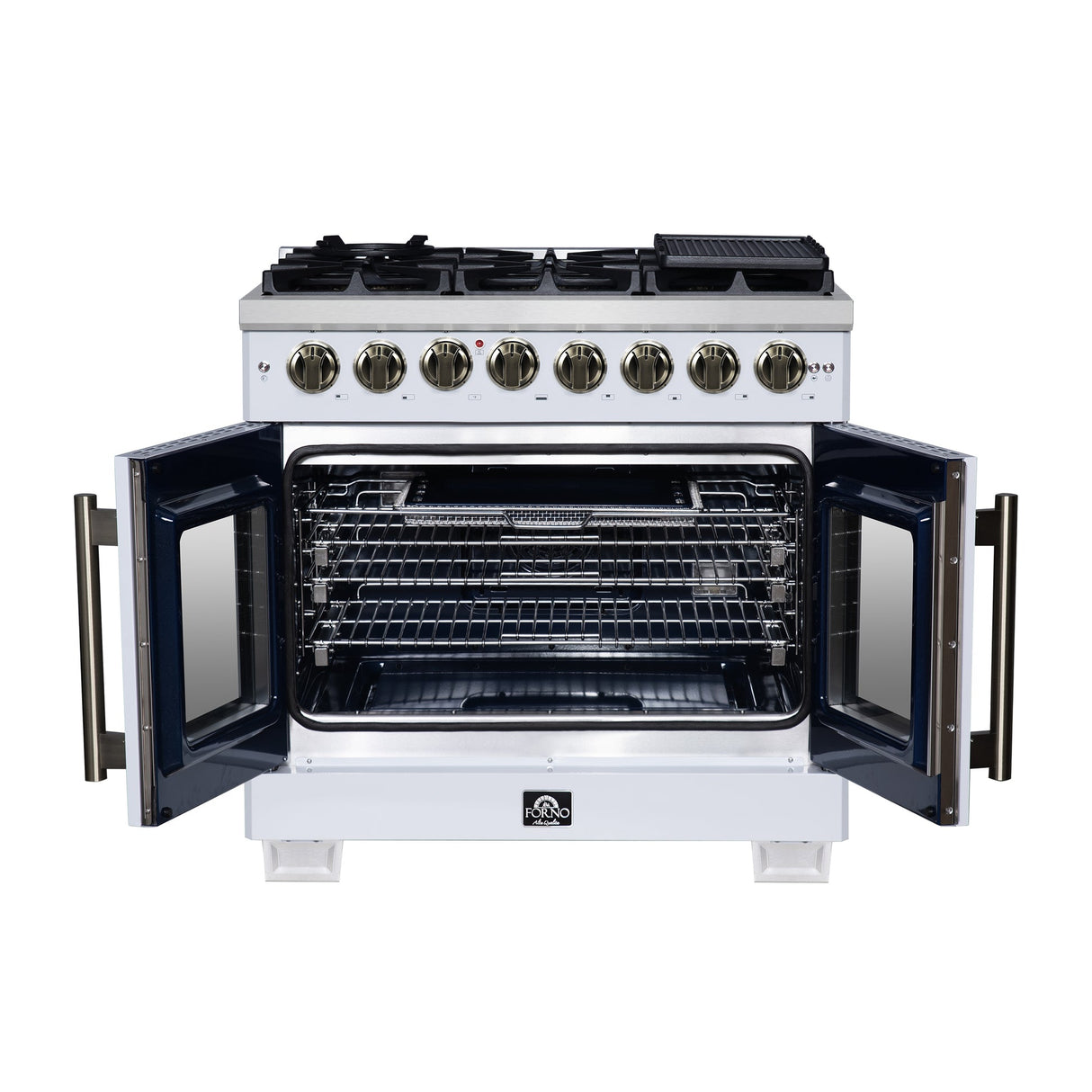Forno Capriasca Freestanding French Door Dual Fuel Range with Antique Brass Accessories, True Convection Oven