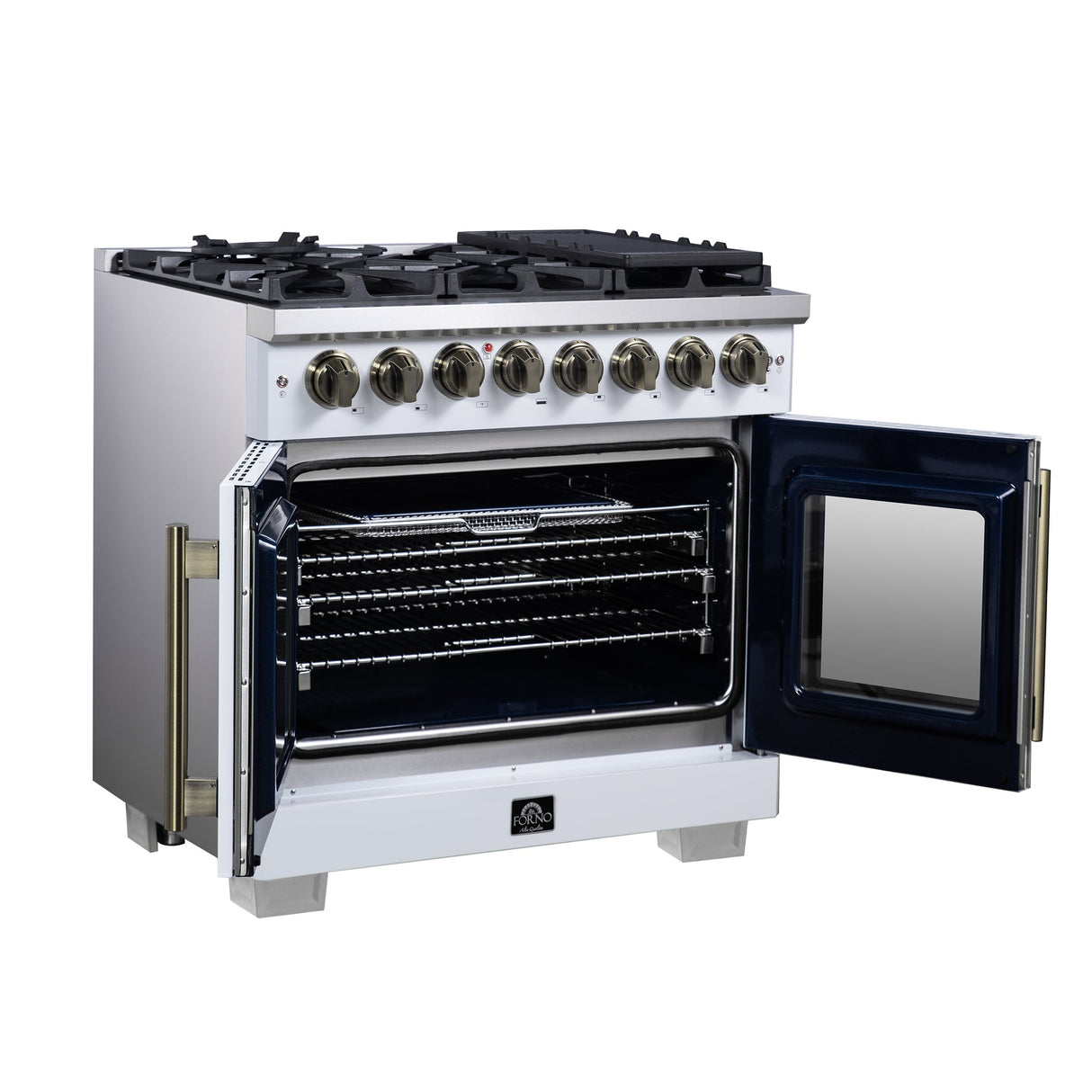 Forno Capriasca Freestanding French Door Dual Fuel Range with Antique Brass Accessories, True Convection Oven