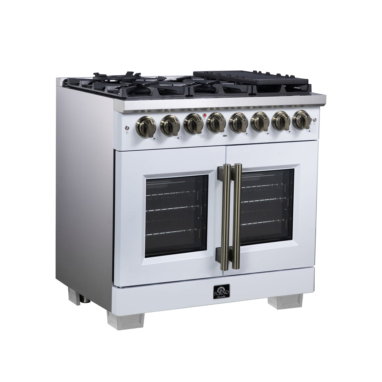 Forno Capriasca Freestanding French Door Dual Fuel Range with Antique Brass Accessories, True Convection Oven