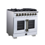 Forno Capriasca Freestanding French Door Dual Fuel Range with Antique Brass Accessories, True Convection Oven