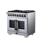 Forno Capriasca Freestanding French Door Dual Fuel Range with Antique Brass Accessories, True Convection Oven