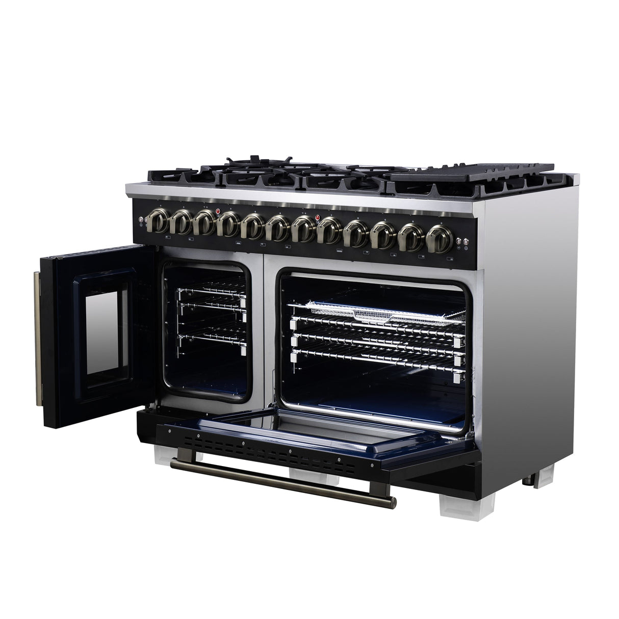 Forno Capriasca Freestanding French Door Dual Fuel Range with Antique Brass Accessories, True Convection Oven