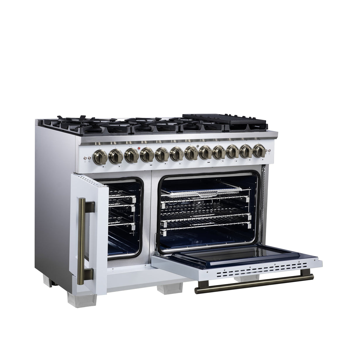 Forno Capriasca Freestanding French Door Dual Fuel Range with Antique Brass Accessories, True Convection Oven