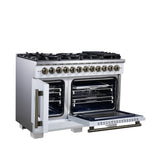 Forno Capriasca Freestanding French Door Dual Fuel Range with Antique Brass Accessories, True Convection Oven