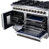Forno Capriasca Freestanding French Door Dual Fuel Range with Antique Brass Accessories, True Convection Oven