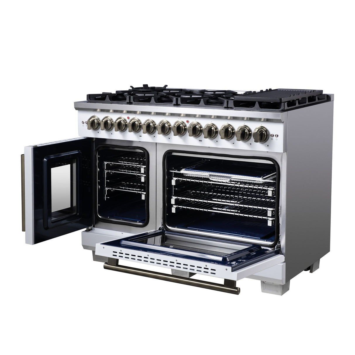 Forno Capriasca Freestanding French Door Dual Fuel Range with Antique Brass Accessories, True Convection Oven