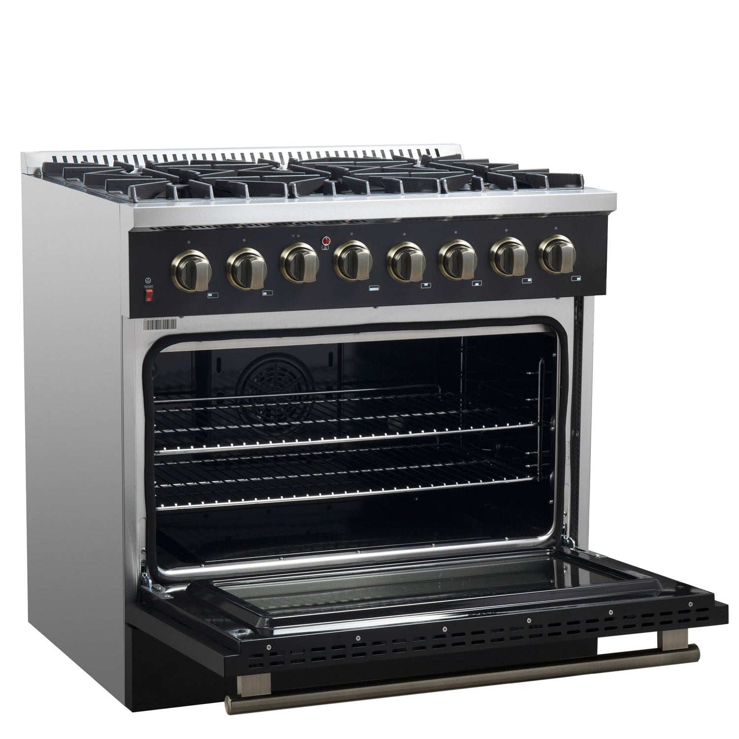 Forno Galiano Dual Fuel Range with Antique Brass Design, True Convection Oven