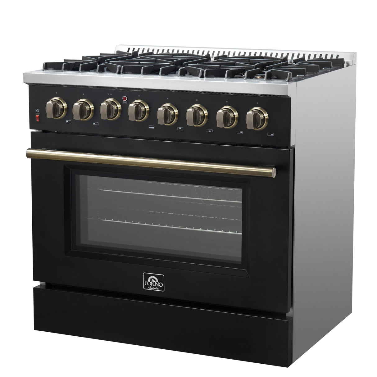 Forno Galiano Dual Fuel Range with Antique Brass Design, True Convection Oven