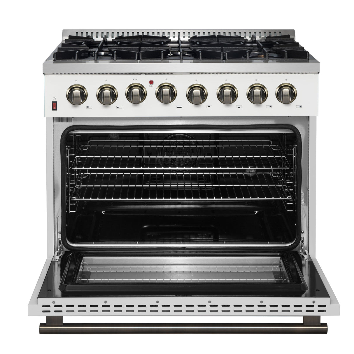 Forno Galiano Dual Fuel Range with Antique Brass Design, True Convection Oven
