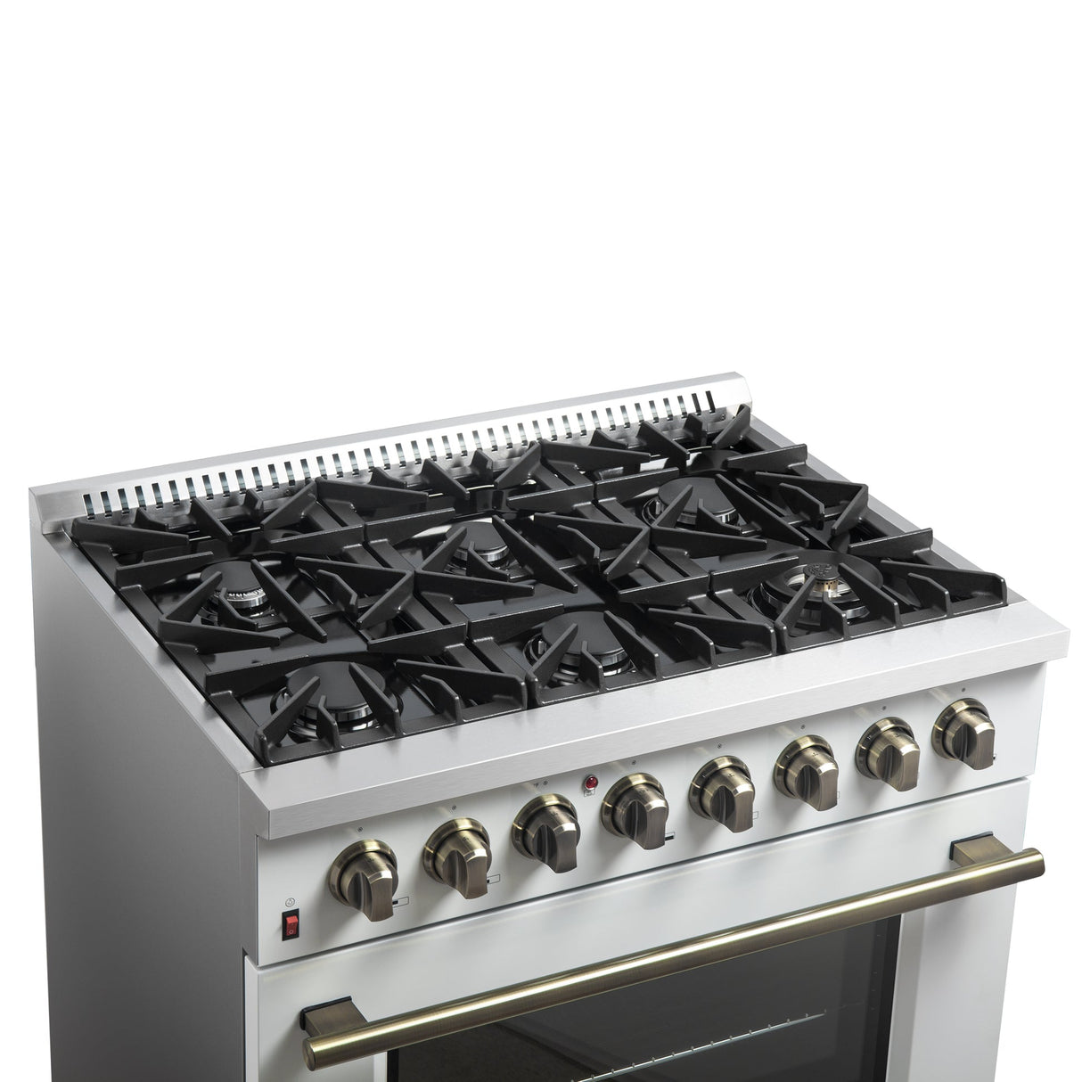 Forno Galiano Dual Fuel Range with Antique Brass Design, True Convection Oven