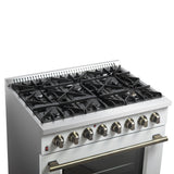 Forno Galiano Dual Fuel Range with Antique Brass Design, True Convection Oven