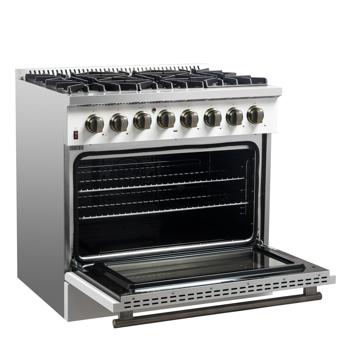 Forno Galiano Dual Fuel Range with Antique Brass Design, True Convection Oven
