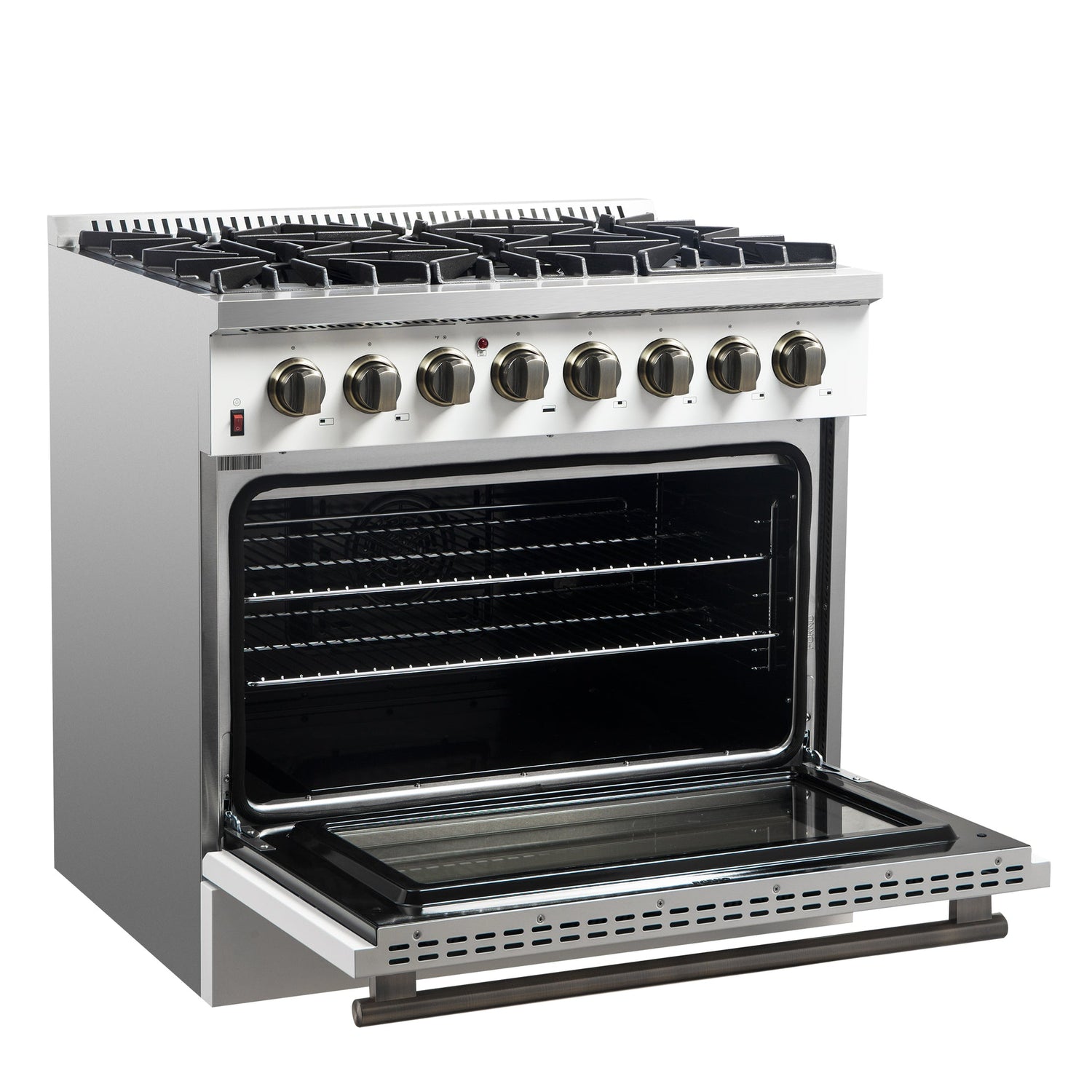 Forno Galiano Dual Fuel Range with Antique Brass Design, True Convection Oven