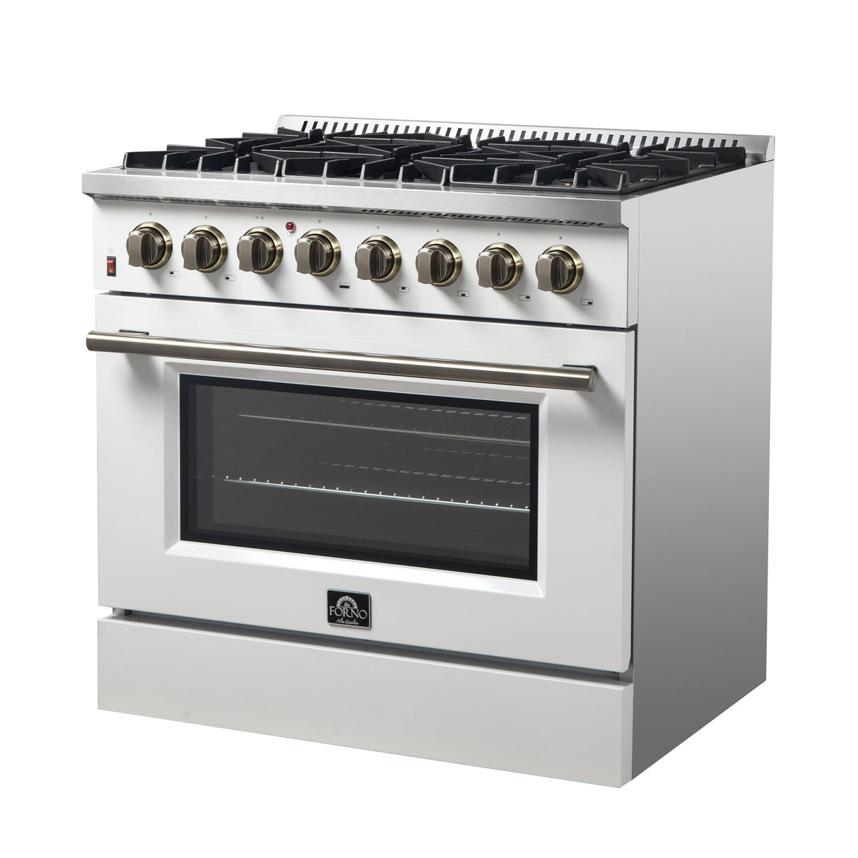 Forno Galiano Dual Fuel Range with Antique Brass Design, True Convection Oven
