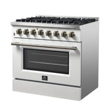 Forno Galiano Dual Fuel Range with Antique Brass Design, True Convection Oven