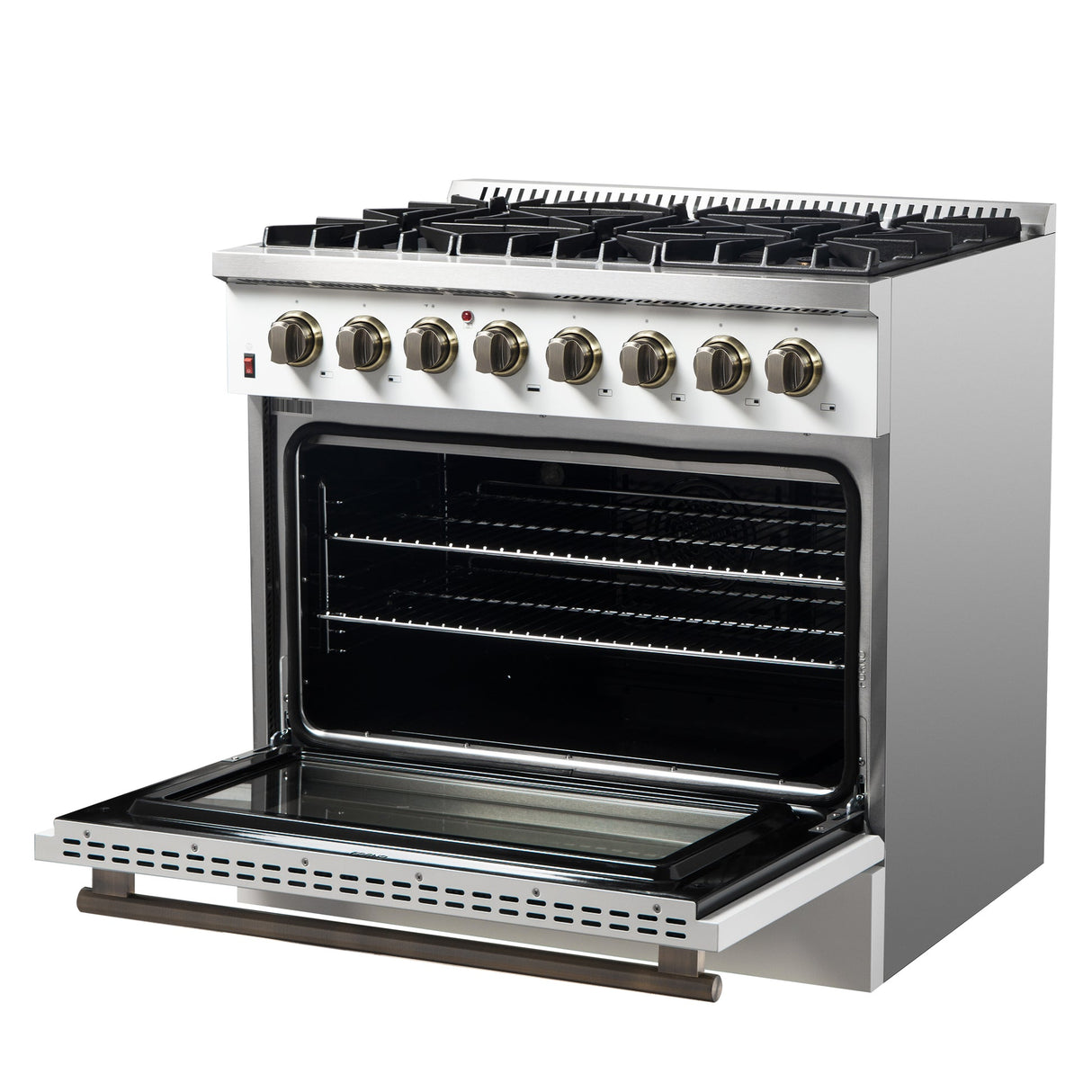 Forno Galiano Dual Fuel Range with Antique Brass Design, True Convection Oven