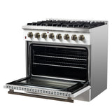 Forno Galiano Dual Fuel Range with Antique Brass Design, True Convection Oven