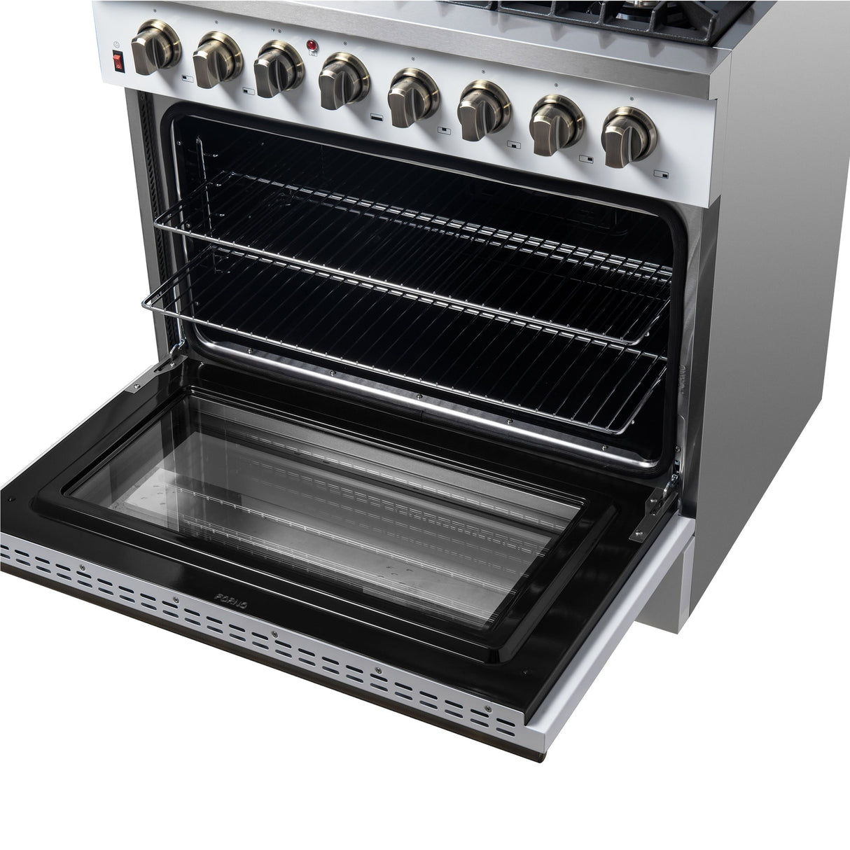 Forno Galiano Dual Fuel Range with Antique Brass Design, True Convection Oven