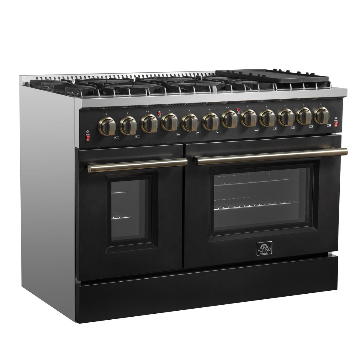 Forno Galiano Dual Fuel Range with Antique Brass Design, True Convection Oven