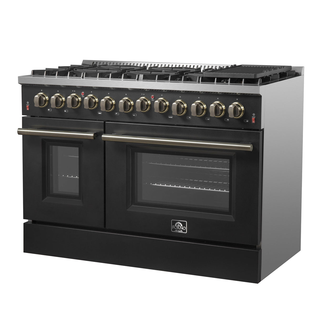 Forno Galiano Dual Fuel Range with Antique Brass Design, True Convection Oven