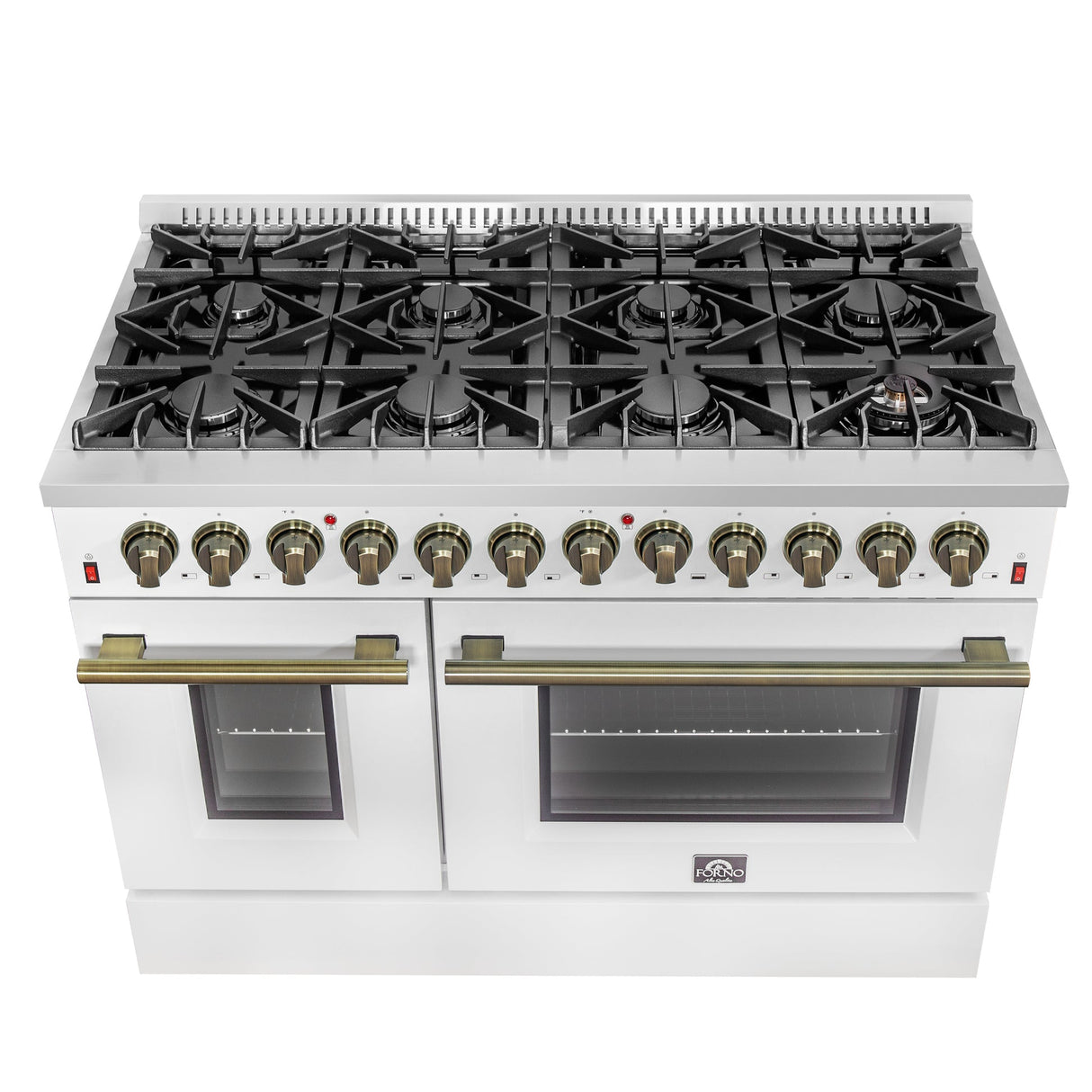 Forno Galiano Dual Fuel Range with Antique Brass Design, True Convection Oven
