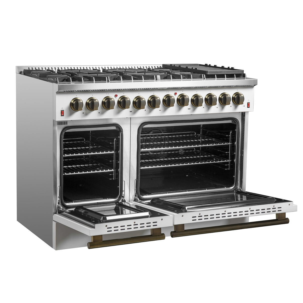 Forno Galiano Dual Fuel Range with Antique Brass Design, True Convection Oven
