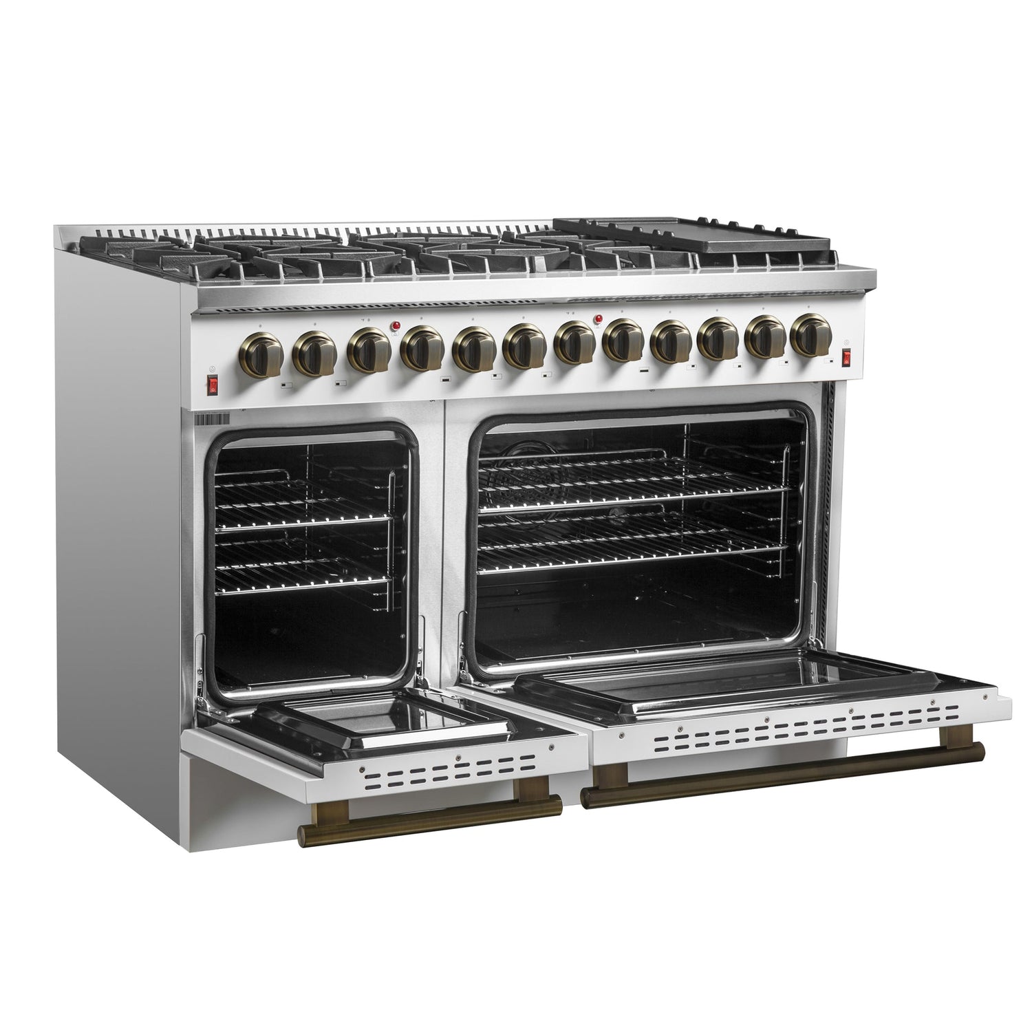 Forno Galiano Dual Fuel Range with Antique Brass Design, True Convection Oven