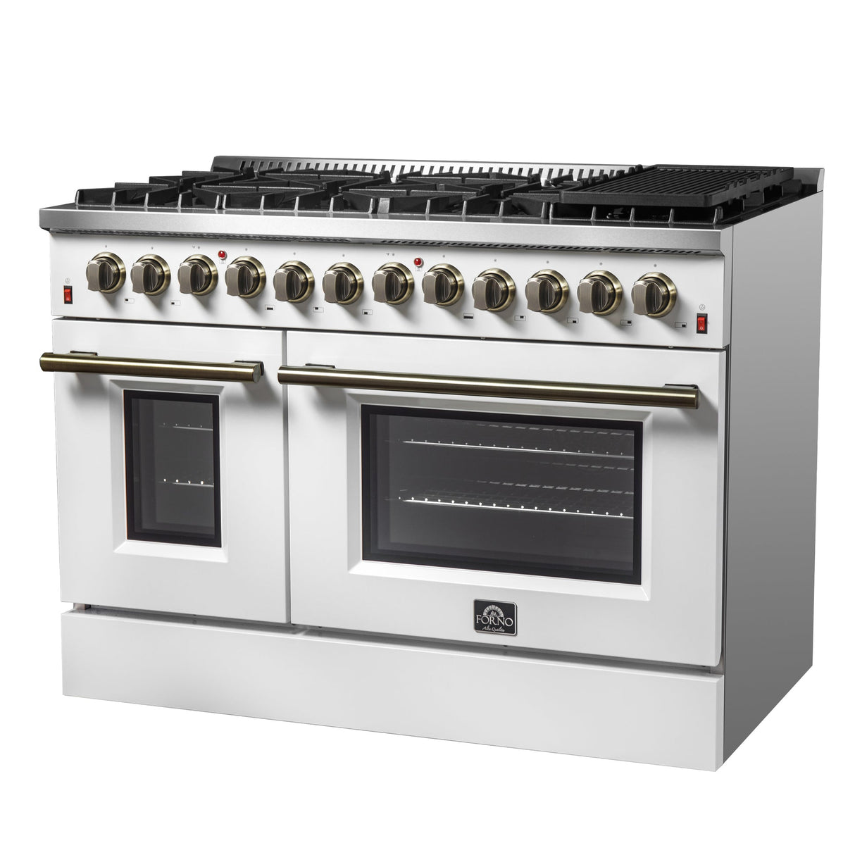 Forno Galiano Dual Fuel Range with Antique Brass Design, True Convection Oven