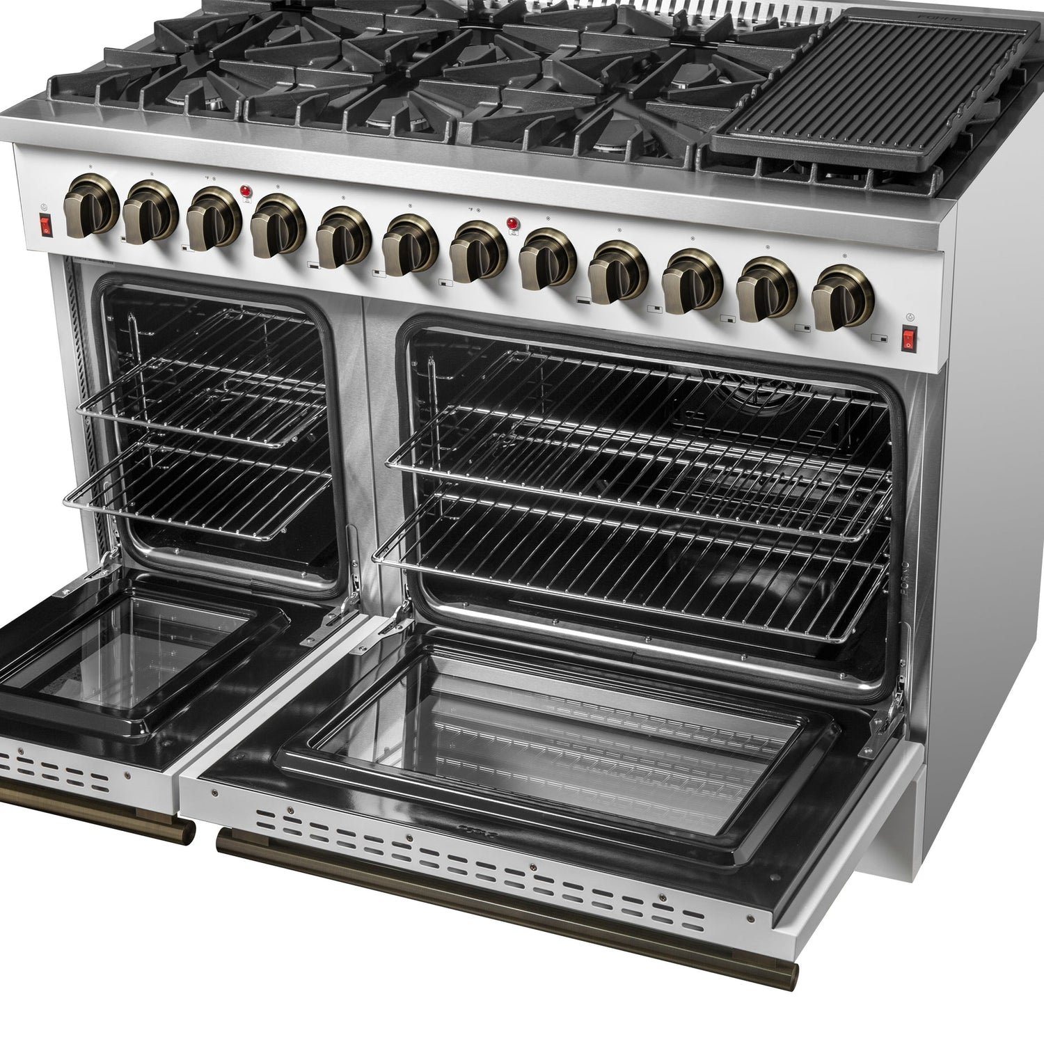 Forno Galiano Dual Fuel Range with Antique Brass Design, True Convection Oven