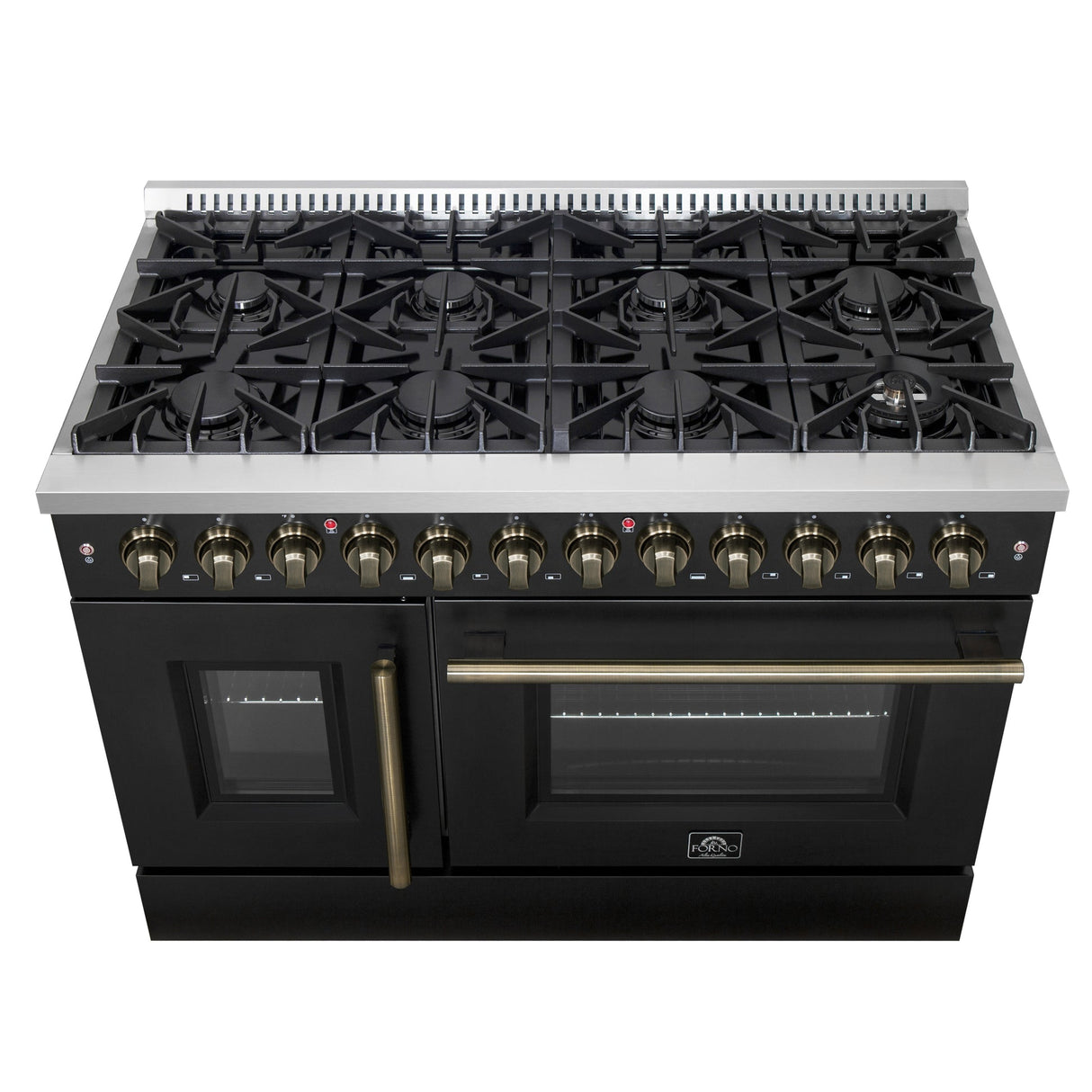 Forno Galiano 48-inch French Door Dual Fuel Range, with Antique Brass Design, 8 Sealed Burners - 107,000 BTU, Griddle, 6.58 cu.ft. Double Ovens