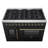 Forno Galiano 48-inch French Door Dual Fuel Range, with Antique Brass Design, 8 Sealed Burners - 107,000 BTU, Griddle, 6.58 cu.ft. Double Ovens