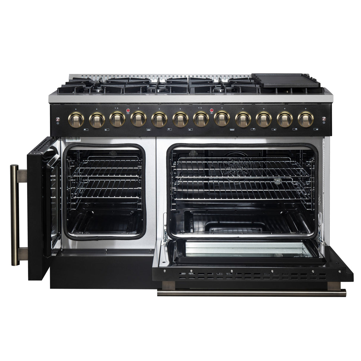 Forno Galiano 48-inch French Door Dual Fuel Range, with Antique Brass Design, 8 Sealed Burners - 107,000 BTU, Griddle, 6.58 cu.ft. Double Ovens
