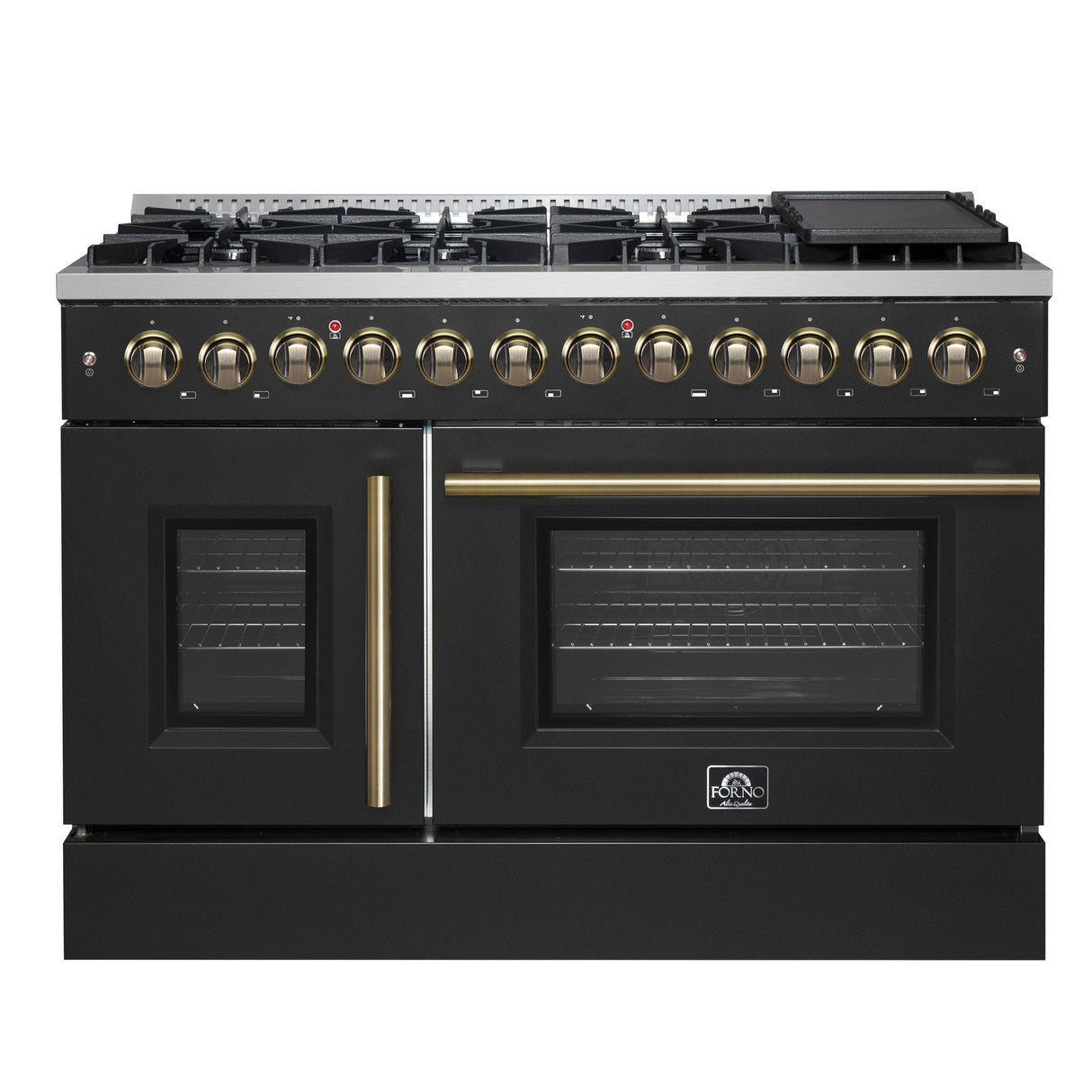 Forno Galiano 48-inch French Door Dual Fuel Range, with Antique Brass Design, 8 Sealed Burners - 107,000 BTU, Griddle, 6.58 cu.ft. Double Ovens